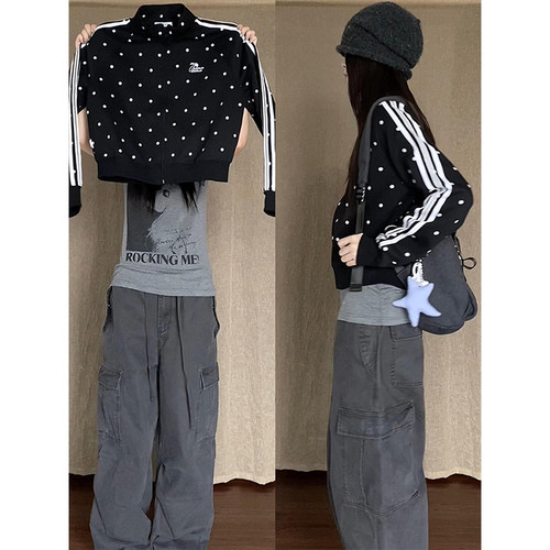 满印波点立领短款开衫卫衣外套女