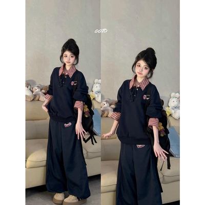 格子polo领卫衣女假两件长袖上衣