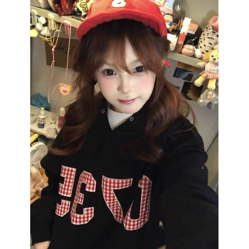 黑色加绒连帽格子卫衣女秋冬外套