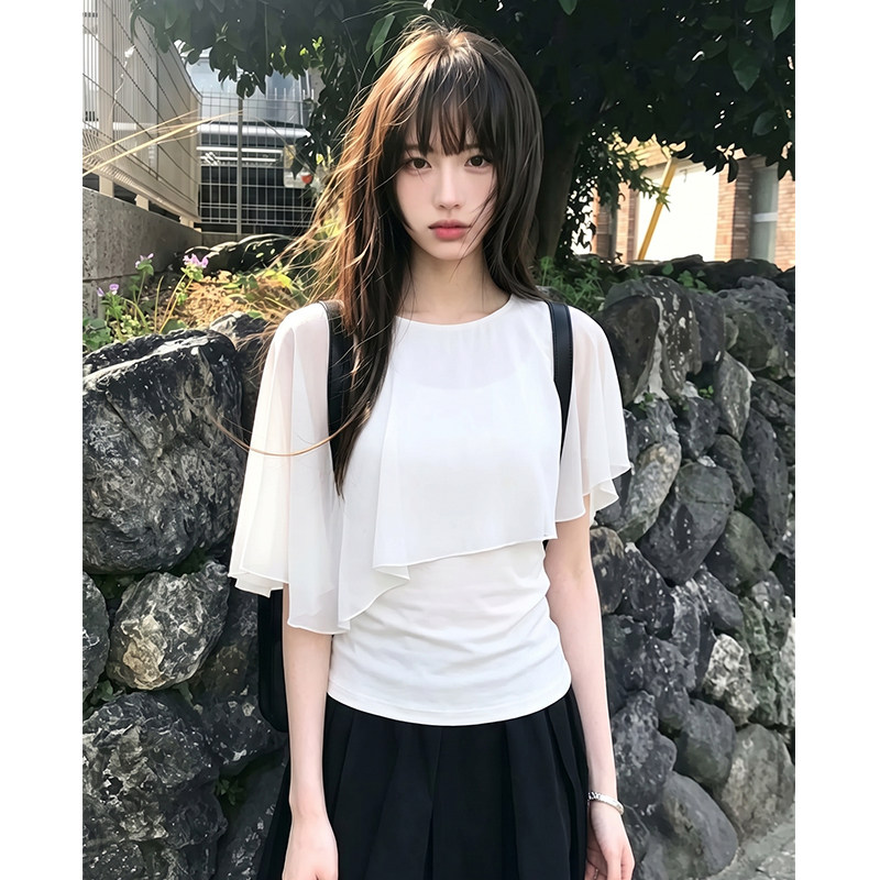 气质斗篷雪纺衫短袖女t恤夏季不规则修身显瘦百搭韩系chic小上衣