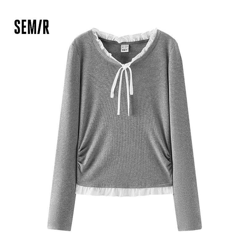 森马春季2026新款女款撞色木耳边系带拼色长袖T恤107126101001,女装/女士精品,T恤,淘宝优惠券,粉丝福利购,淘宝优惠卷