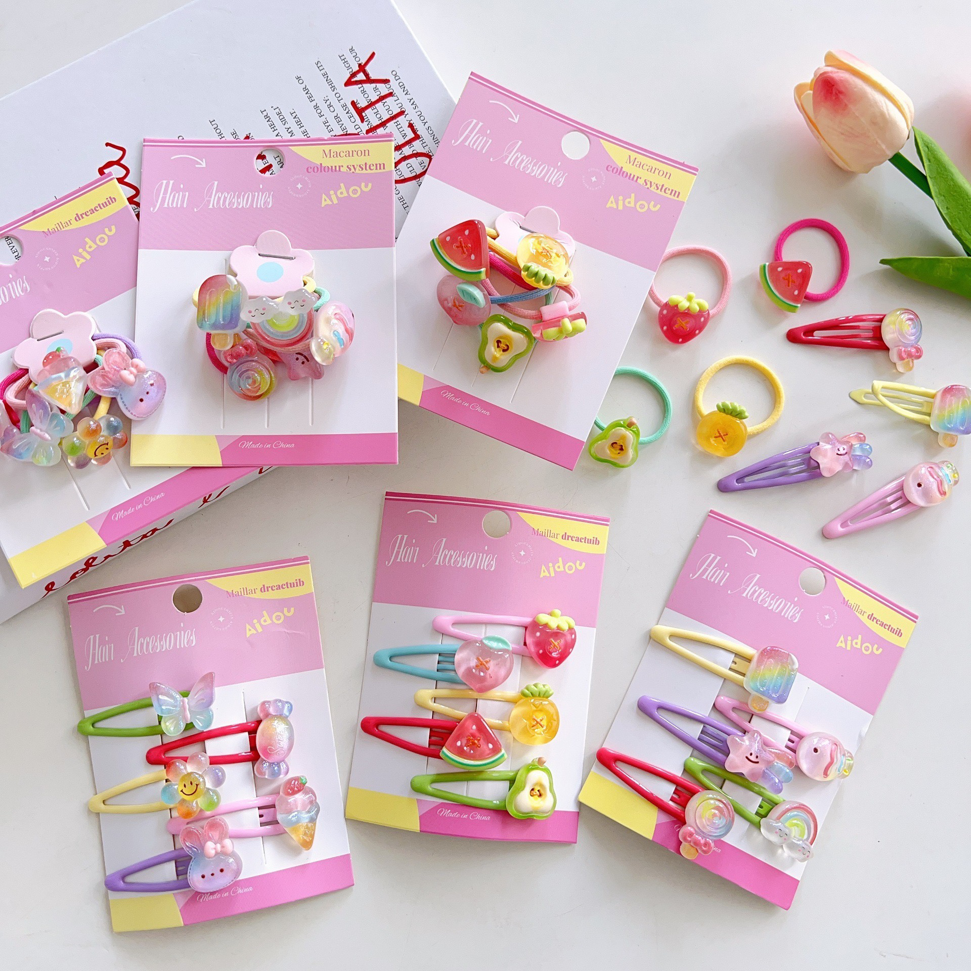5个装 可爱糖果冰淇淋发绳发夹组合卡通水果趣味发圈头绳bb夹发卡