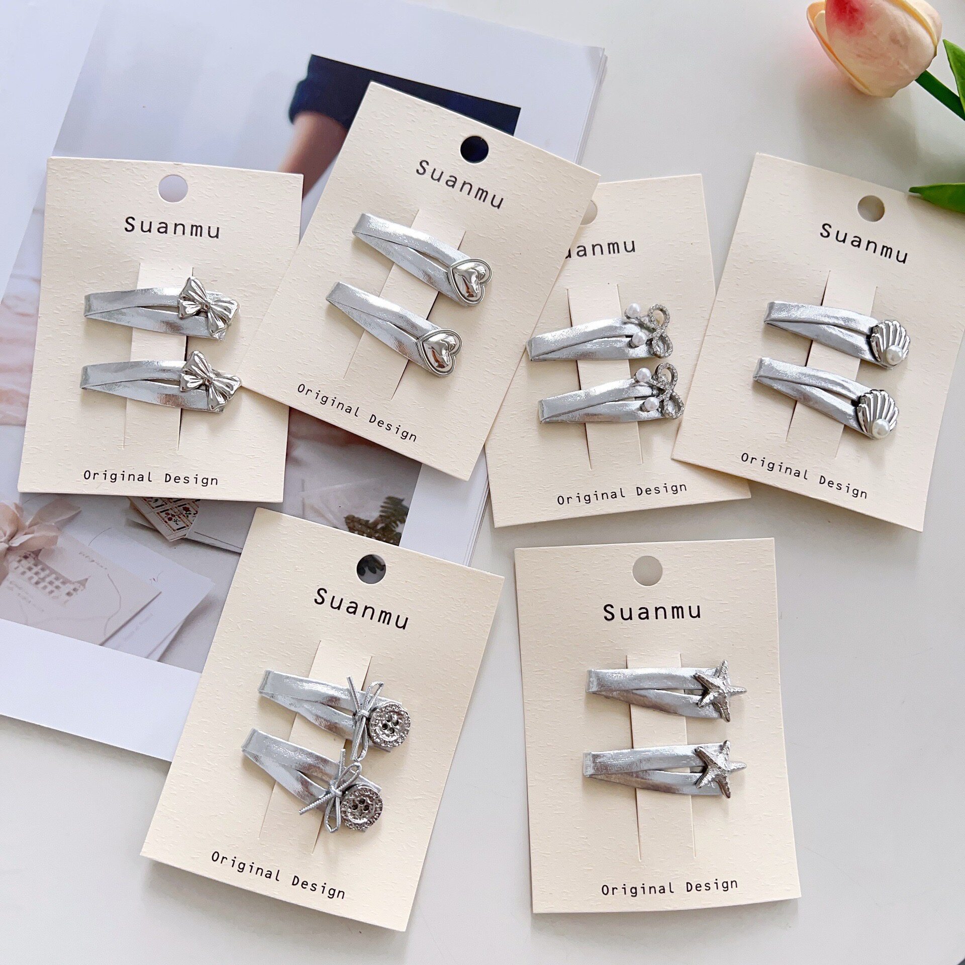 韩版银色亮面皮质发夹蝴蝶结爱心刘海夹边夹甜美儿童碎发bb夹发卡