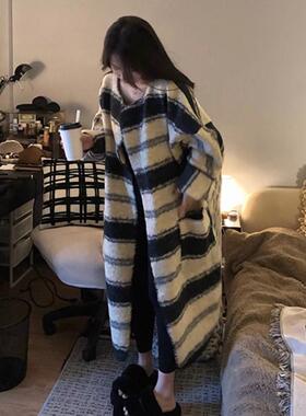 法国MK&DK 撞色条纹中长款大衣秋冬慵懒风宽松气质羊卷毛过膝外套