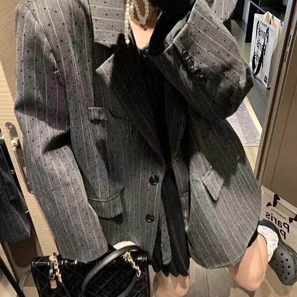法国MK&DK 灰色波点条纹西装外套女2024秋季新款休闲宽松廓形西服