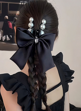 last kiss 珍珠蝴蝶结抓夹黑色复古赫本风高级感后脑勺盘发鲨鱼夹