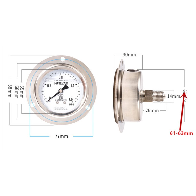 YN60ZBF 全304轴向不锈钢耐震压力表抗1.6mpa y60bfz 1/4 2分氨用