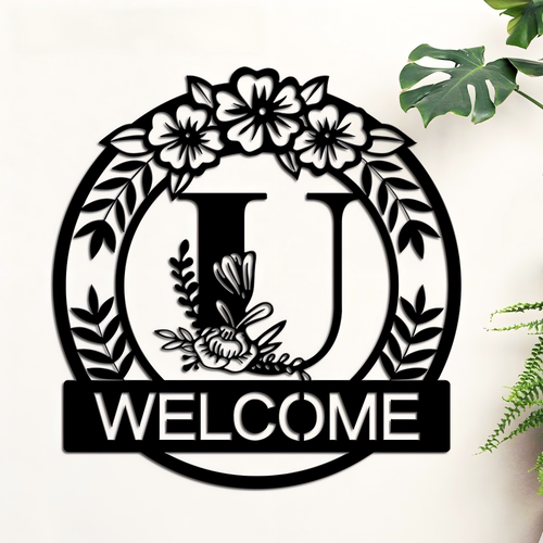 北欧风字母U花卉装饰壁挂铁艺电镀圆形欢迎光临壁饰立体花卉图案