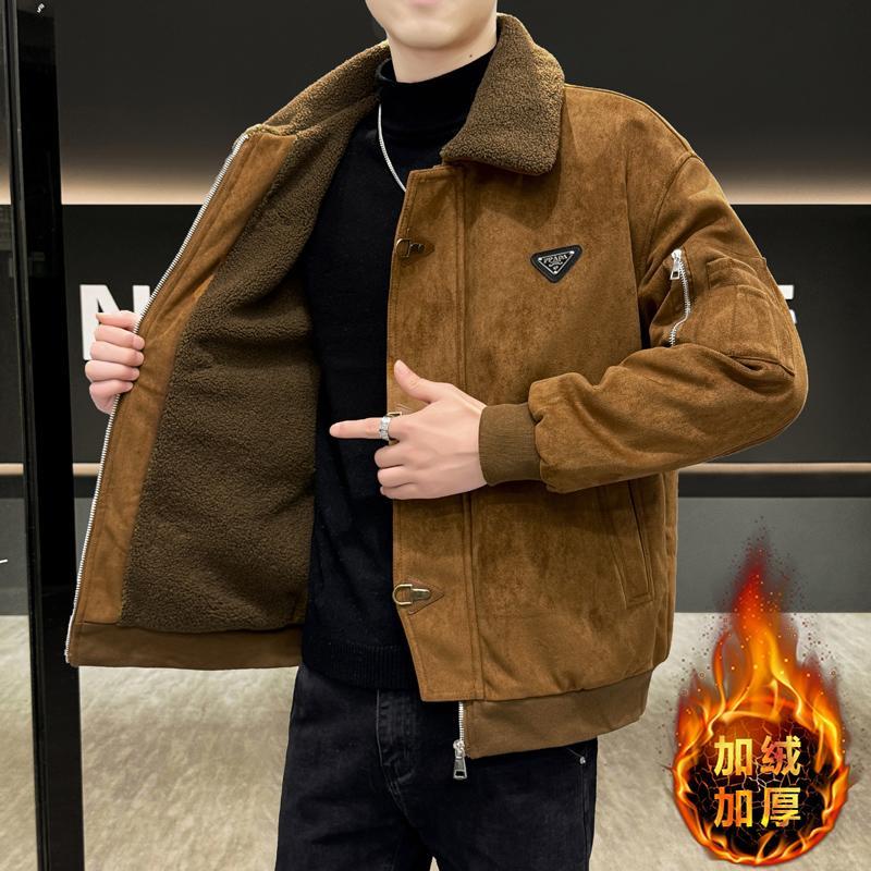 高端潮流男士加绒加厚翻领棉衣青年麂皮绒保暖棉袄痞帅牛角扣袄子