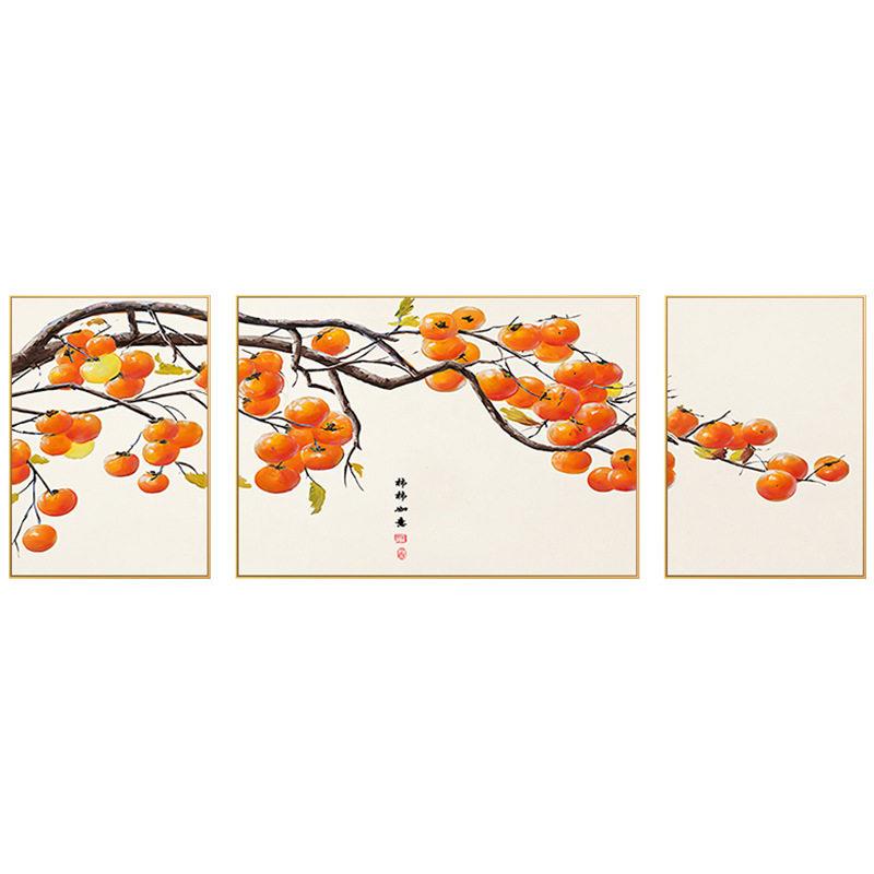 事事如意新中式沙发背景墙挂画寓意好中国风柿子树三联组合壁画