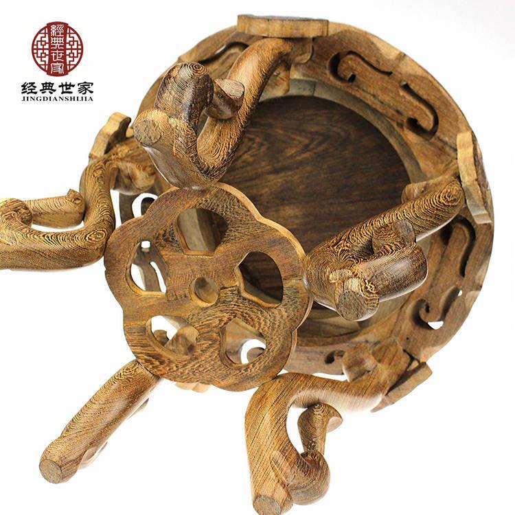 红木仿古花架鱼缸架镂空雕花如意几花盆底座鸡翅木花架子