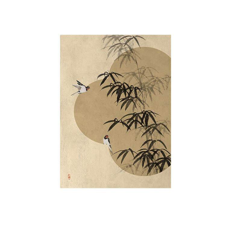 中古风玄关背景墙装饰画新中式复古客厅挂画酒店书房壁画竹子花鸟