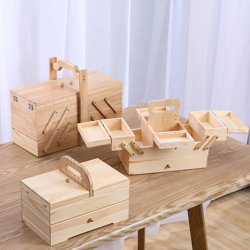 复式提把盒子抽屉式收纳柜实木桌面整理盒多层储物柜多功能工具箱