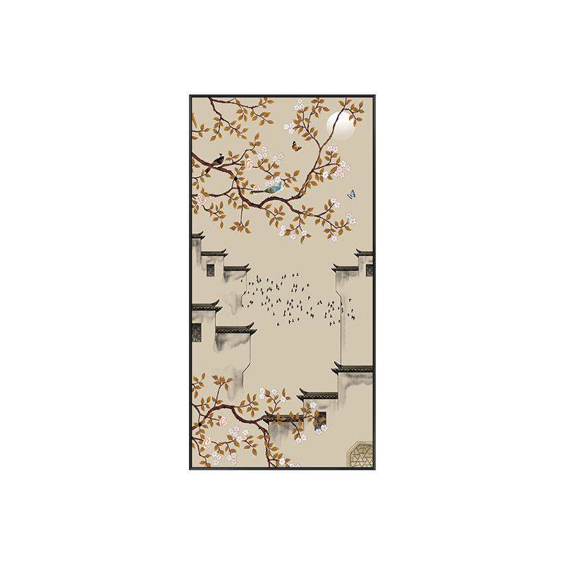 徽城古建新中式玄关装饰画竖版走廊尽头过道挂画徽派建筑花鸟壁画