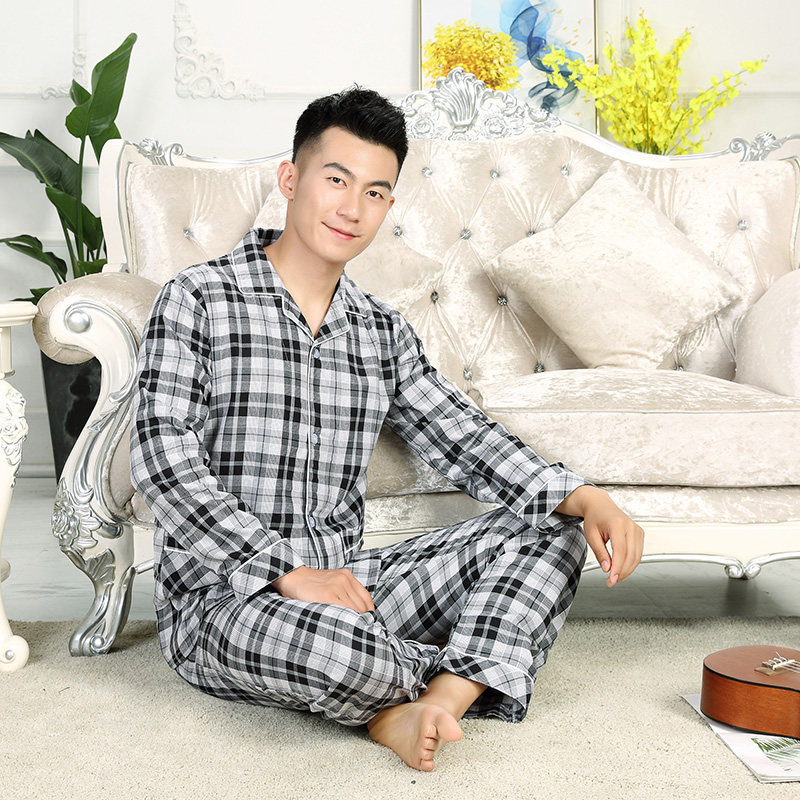 男士薄款纯棉睡衣男夏天长袖套装春秋季宽松居家服全棉大码家居服