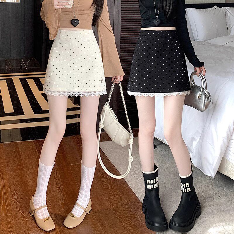 波点半身裙女2025新款春夏高腰小个子时尚蕾丝花边a字包臀裙短裙