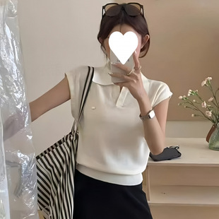 显瘦短款 蓝色正肩polo衫 小飞袖 女冰丝针织短袖 翻领v领 T恤夏季