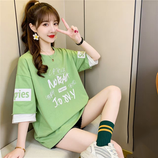七分袖t恤女宽松中学生夏季百搭韩版中袖上衣服半袖体恤衫休闲ins