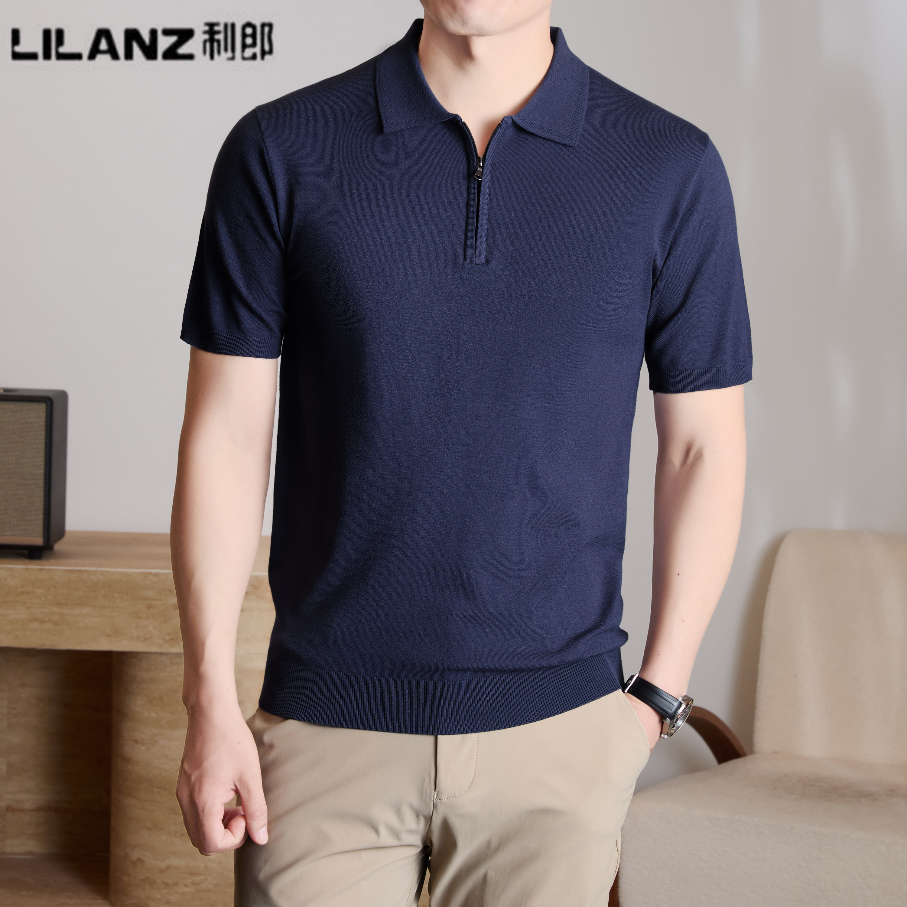 利郎男装短袖针织t恤男士夏季新薄款半拉链翻领上衣休闲Polo衫男