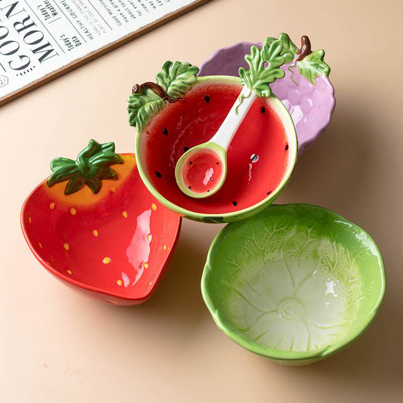 儿童餐具饭碗套装家用专用陶瓷吃饭碗勺小孩可爱水果碗草莓西瓜