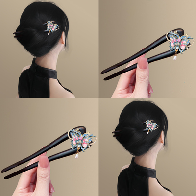 蝶舞花溪！珐琅彩蝴蝶黑檀木发簪