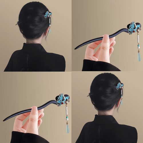 蝴蝶翠石！蝴蝶双面簪黑檀木簪