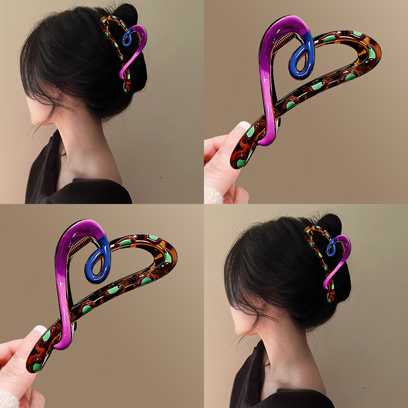 中古风紫色~小众撞色爱心抓夹女高级感2025新款设计感盘发鲨鱼夹
