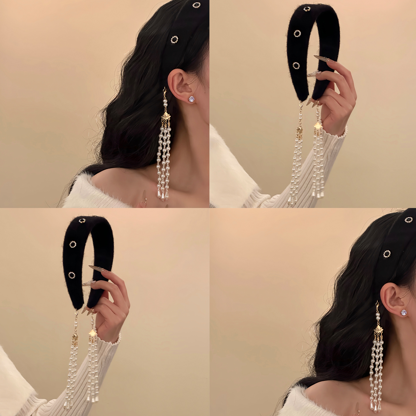 「千山暮」法式黑色珍珠流苏发箍