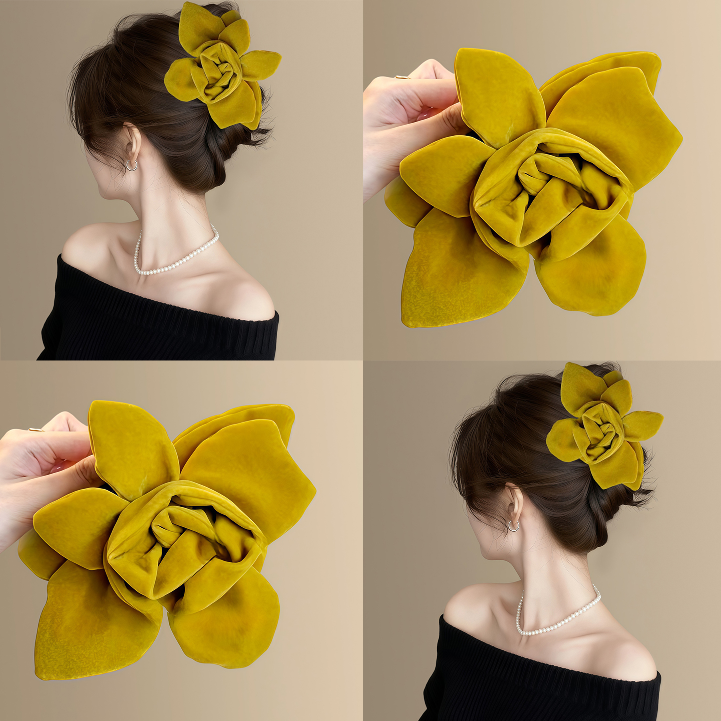 向阳媚黄！复古丝绒立体花朵抓夹