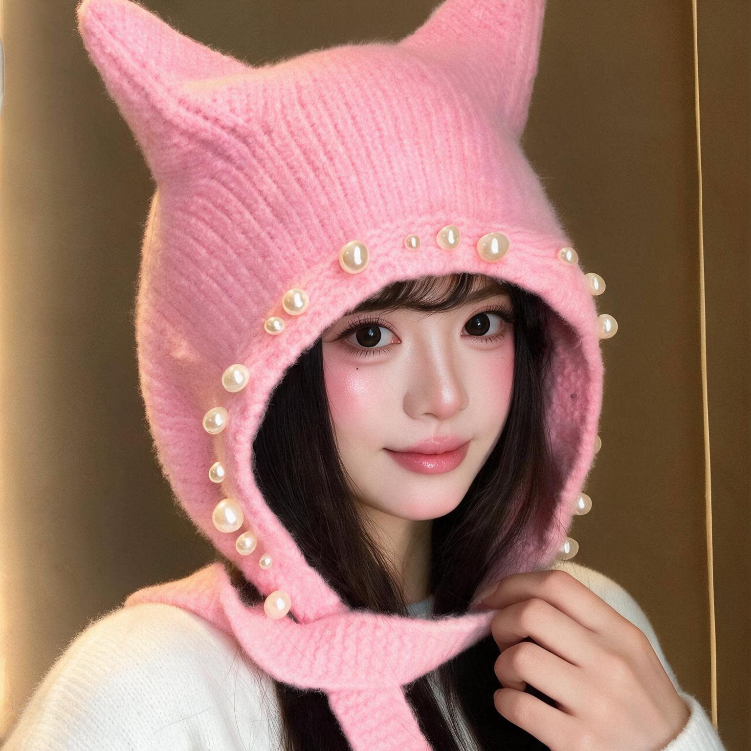 甜酷风粉色珍珠猫耳朵针织帽女