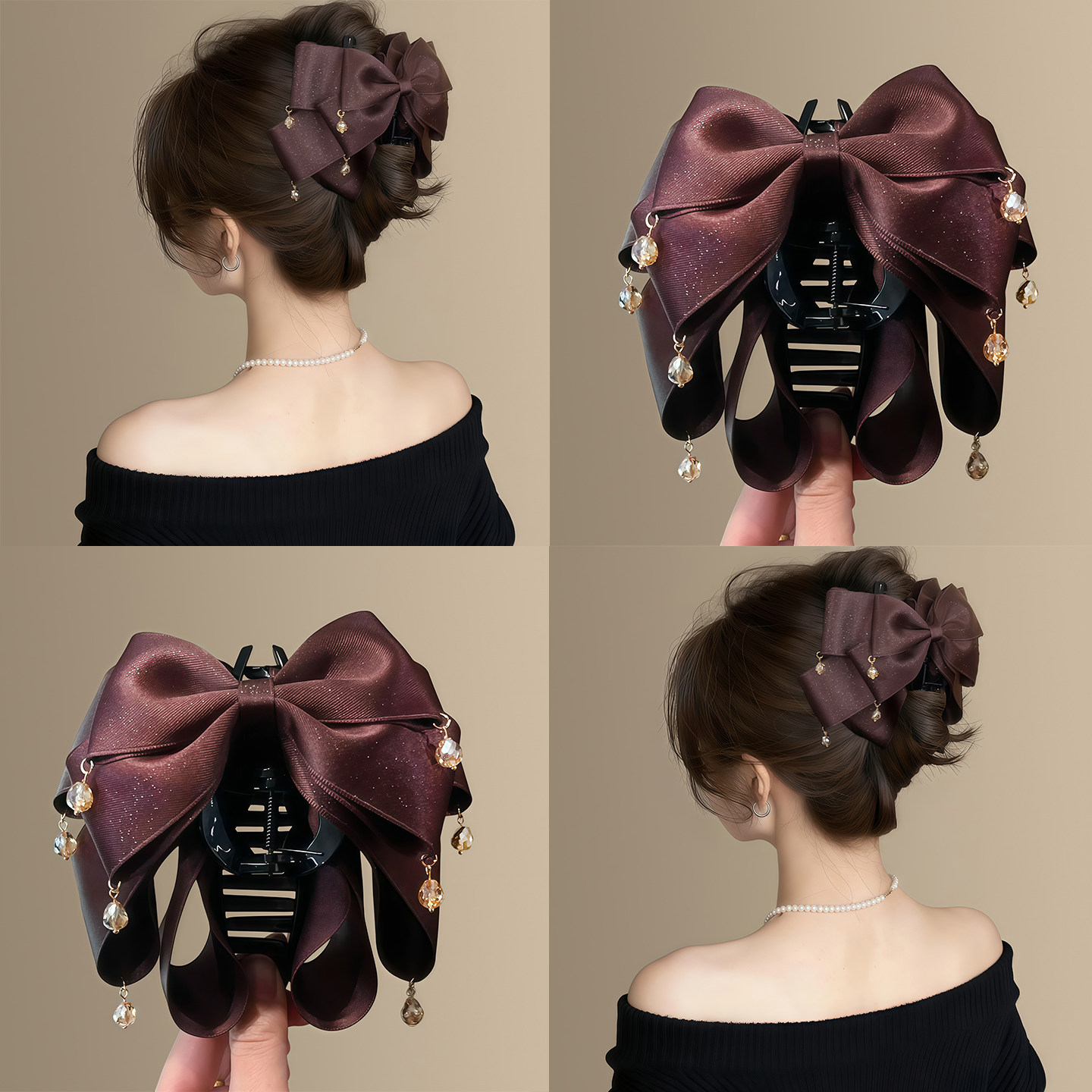 《琥珀晚宴》复古咖色蝴蝶结水钻抓夹优雅洋气马尾鲨鱼夹大号盘发