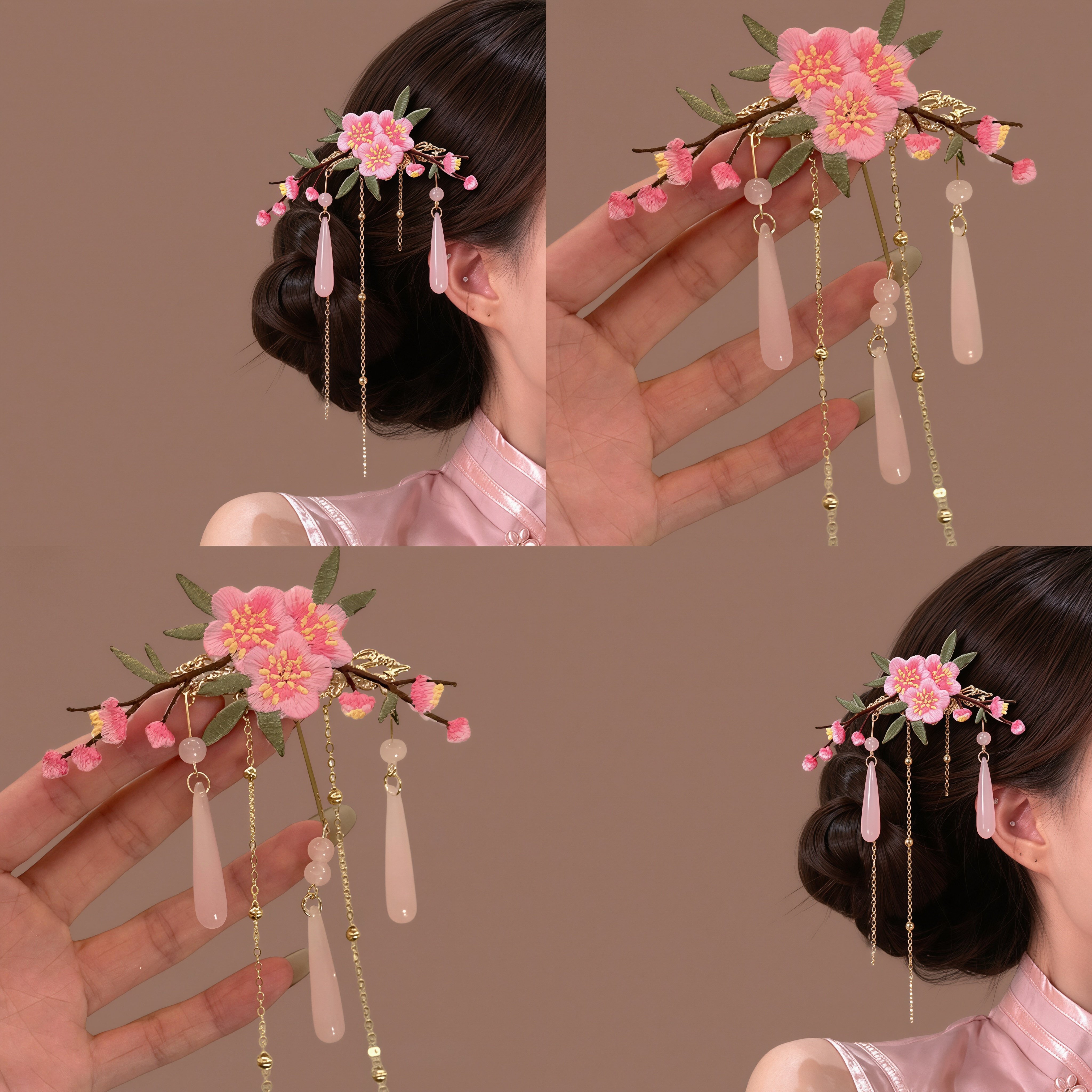 「桃花灼灼」新中式粉色花朵发夹