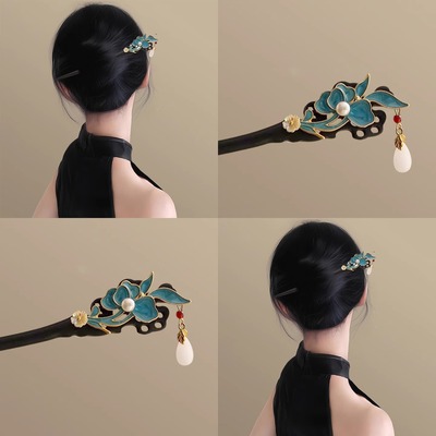 云岫倾兰！烧蓝花黑檀木发簪