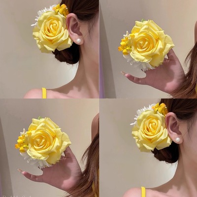 盛夏浪漫~明媚黄色玫瑰花朵发夹
