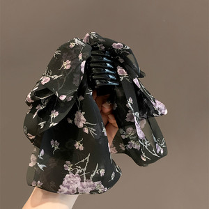 高级感黑底碎花马尾夹轻薄透明气质发抓日常时尚百搭发夹发饰发卡