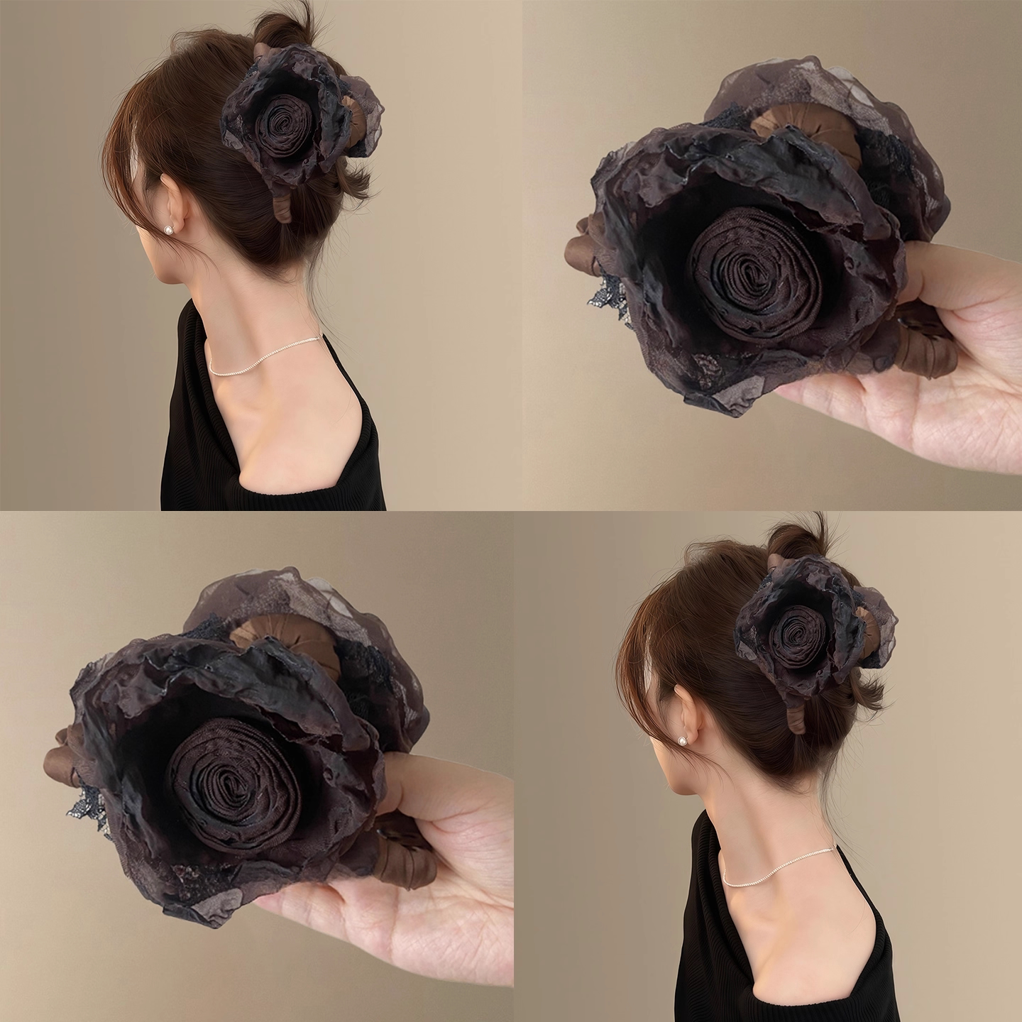 玫瑰暗语~复古晕染干枯玫瑰花朵鲨鱼夹头饰饱满后脑勺抓夹盘发器