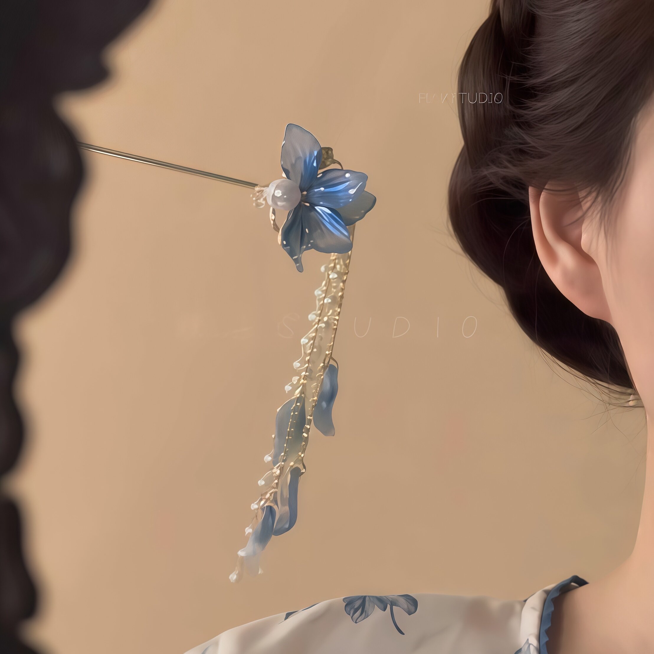 水云天|蓝色琉璃花瓣流苏发钗女清冷感精致珍珠步摇发簪古风盘发