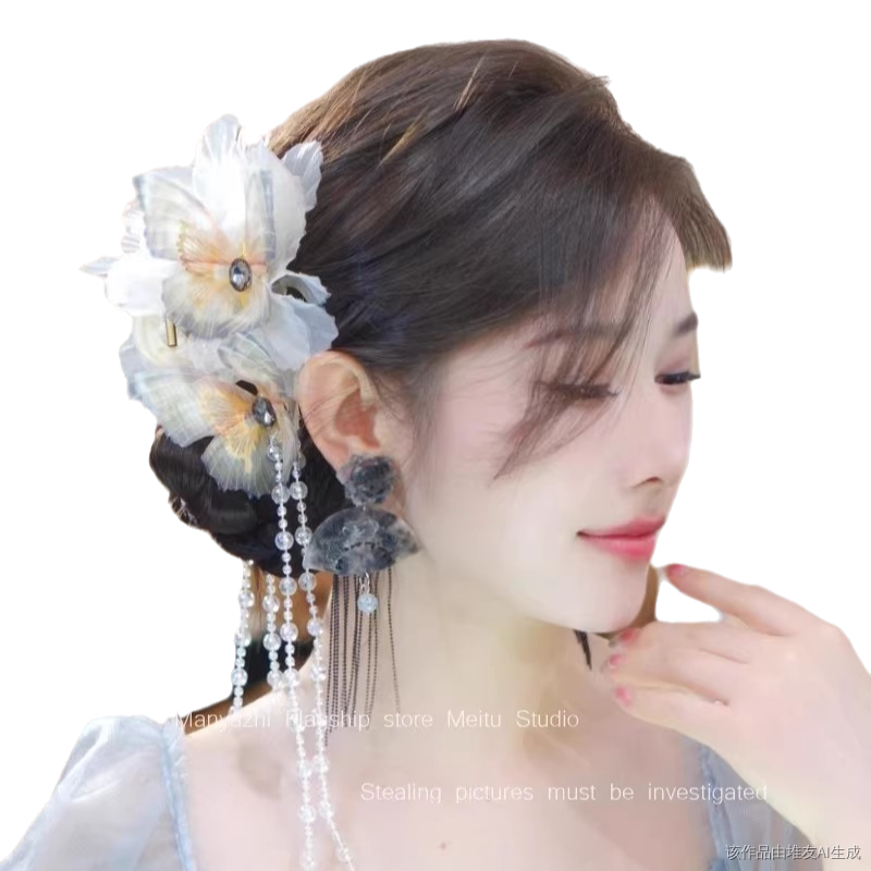 蓝色幻蝶发鲨鱼夹百搭蝴蝶高级感