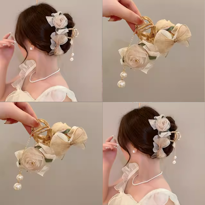 超仙超仙網紗玫瑰花朵蝴蝶結頭飾