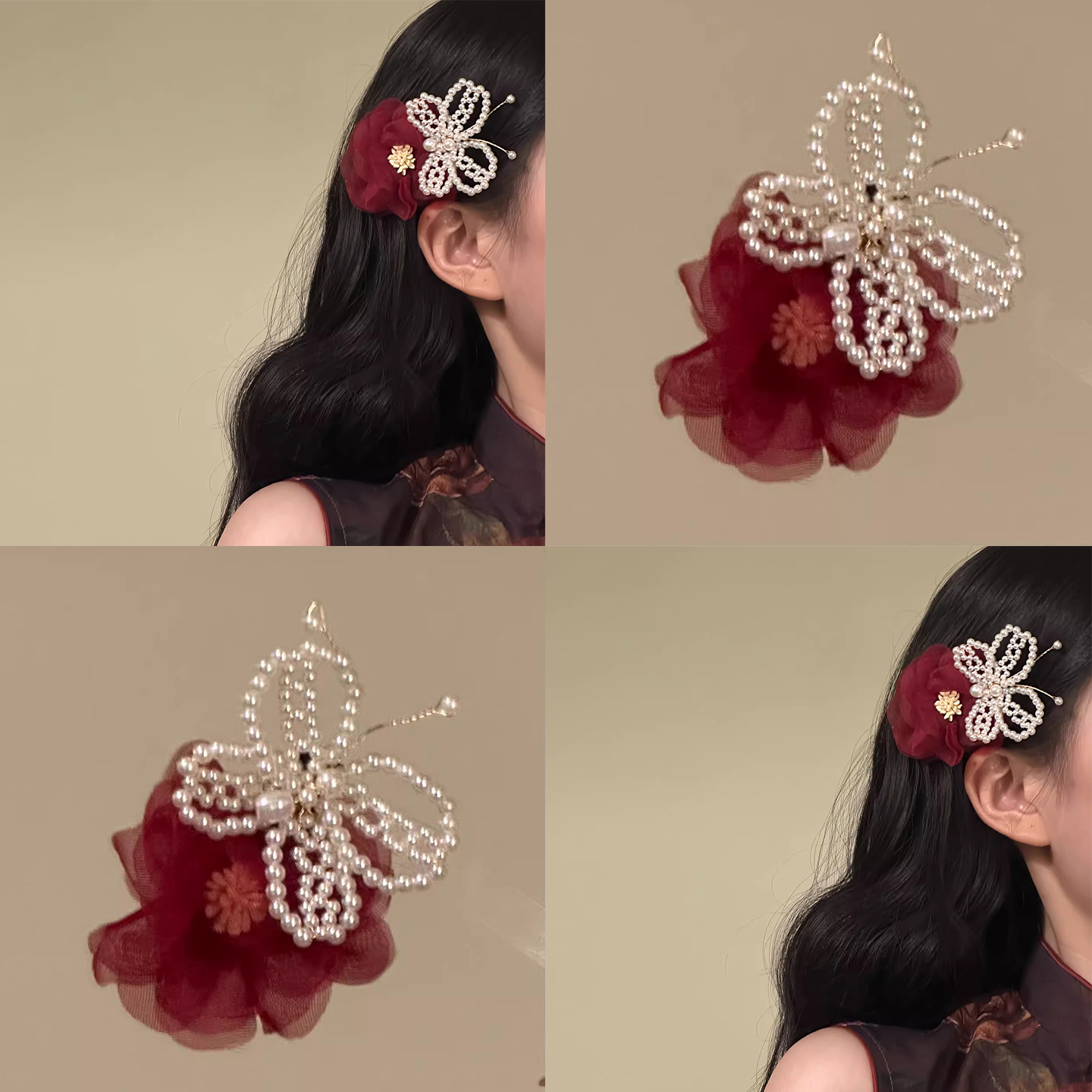 「海棠映红」红色花朵珍珠侧边夹高级感古风旗袍汉服盘发头饰发夹