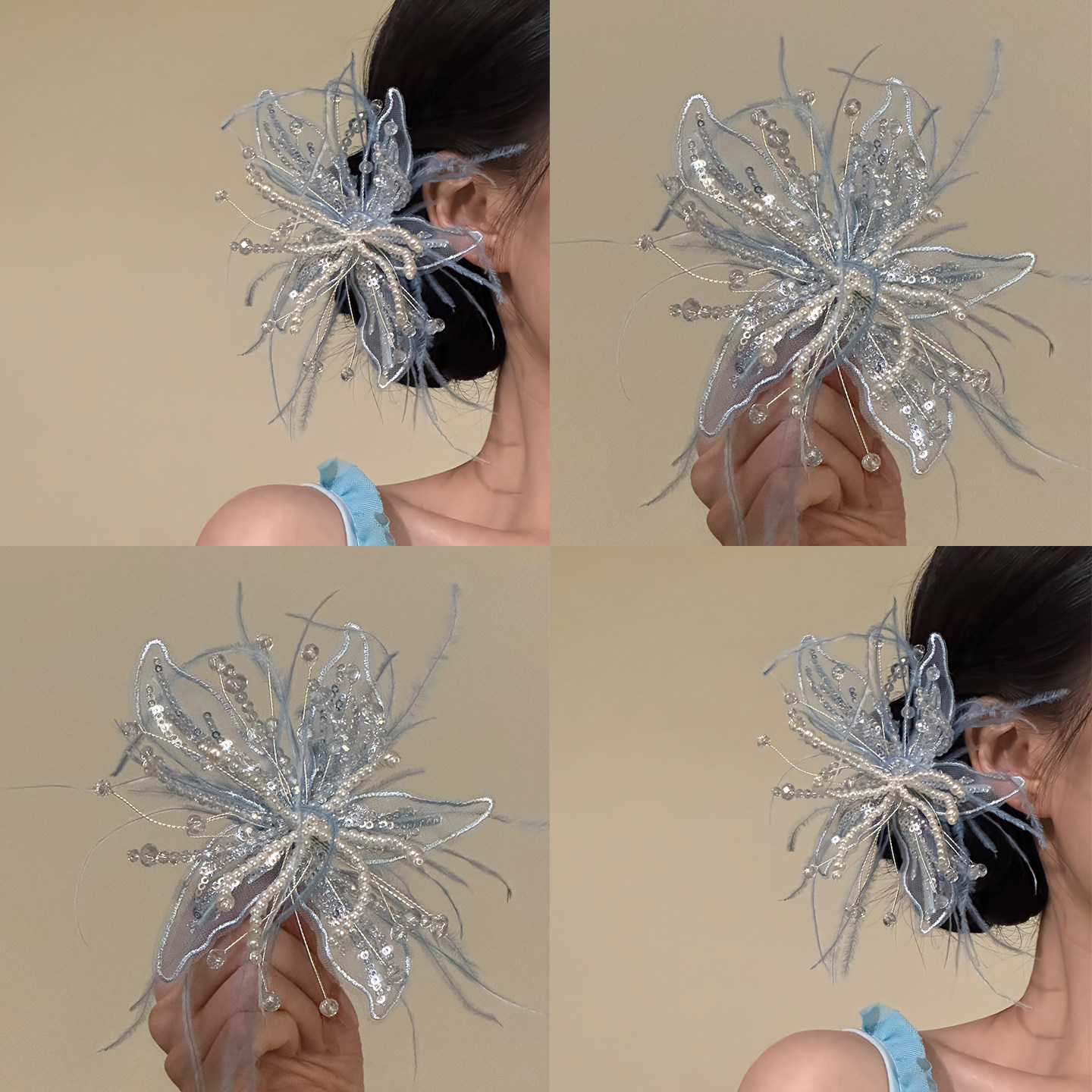 蓝樱初漫~超仙蓝色羽毛花朵发夹