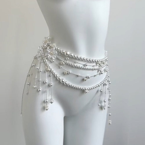 法式多层花朵珍珠流苏身体链