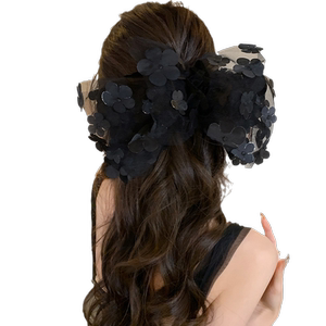 夏季新款超仙立体花朵大蝴蝶结弹簧夹后脑勺夹马尾网纱发夹头饰女