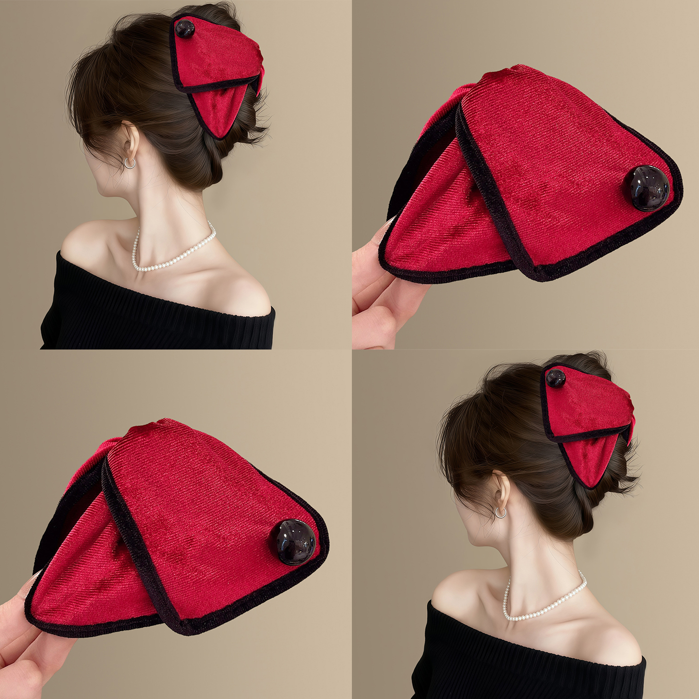 贝拉酒红~复古红色丝绒珍珠包边抓夹高级感洋气大号鲨鱼夹旅行卡