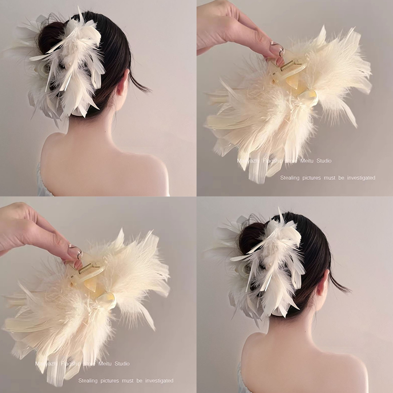 抓夾盤發頭飾發夾氛圍感羽毛氣質