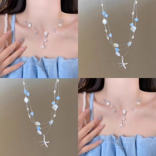 仲夏日记！蓝色海星贝壳珍珠项链！海边度假风叠戴锁骨链颈链配饰