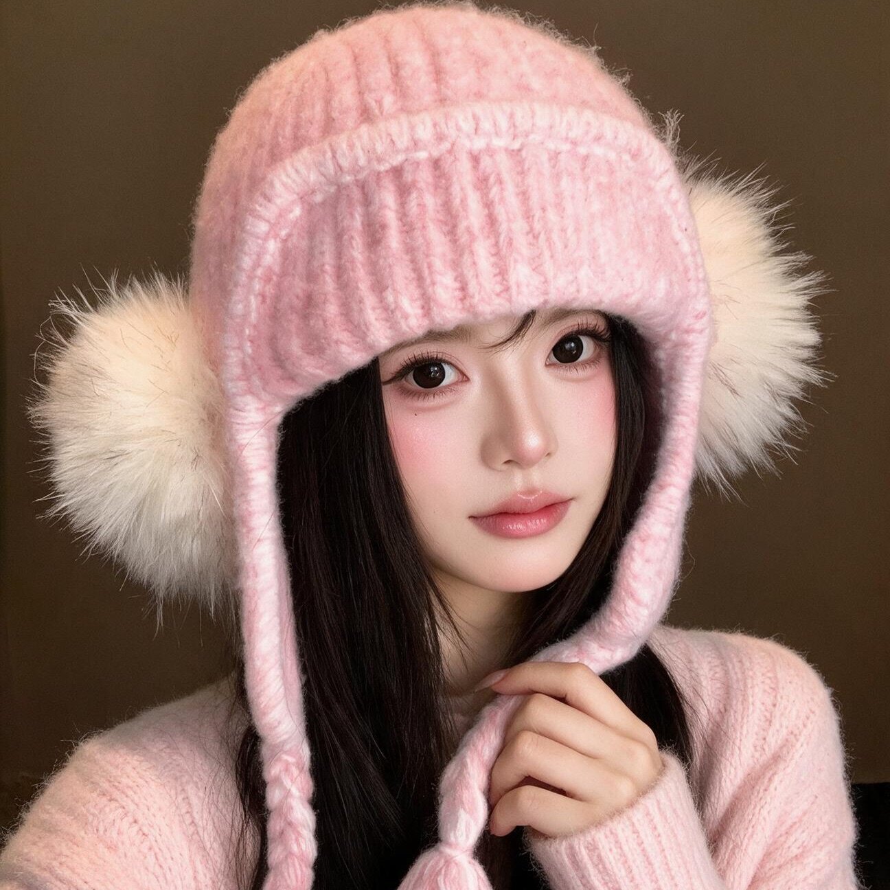 甜美粉色针织雷锋帽秋冬保暖护耳