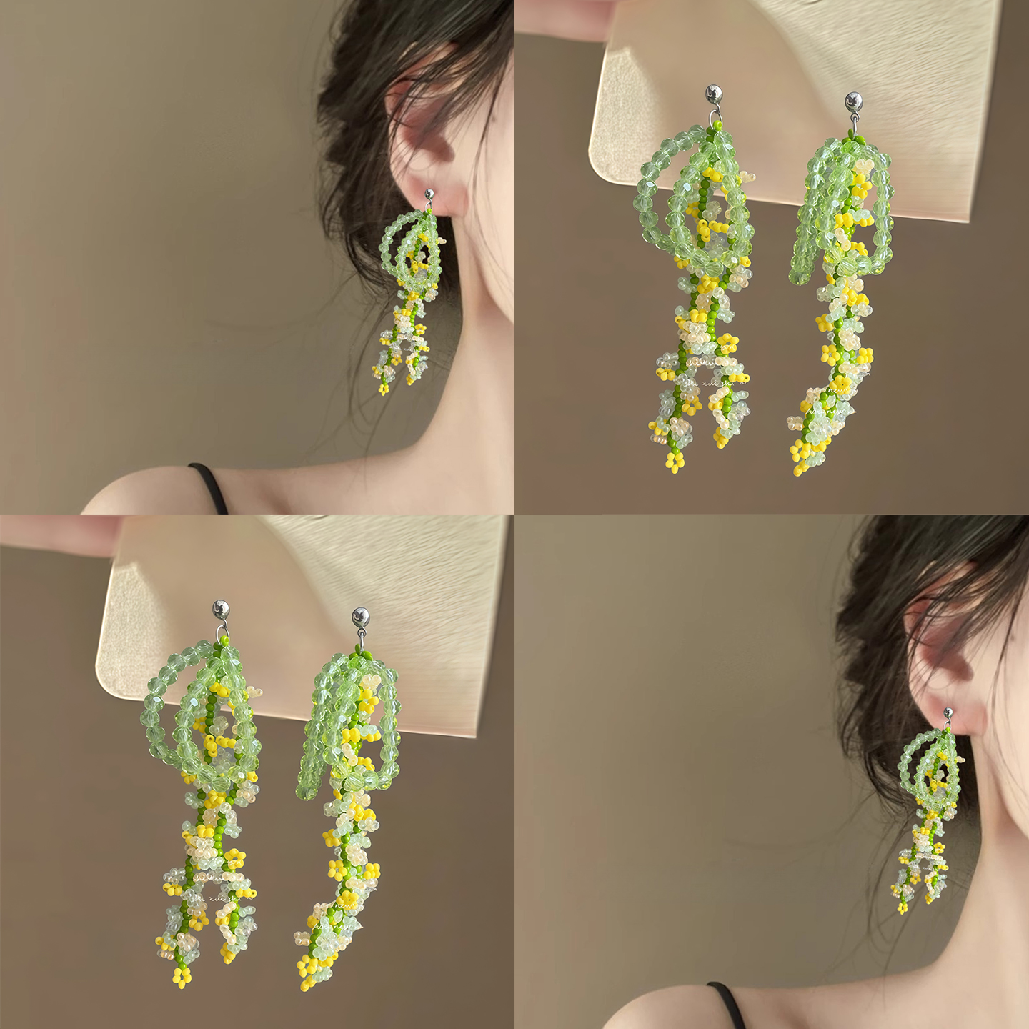 月露花藤！彩色串珠流蘇耳釘