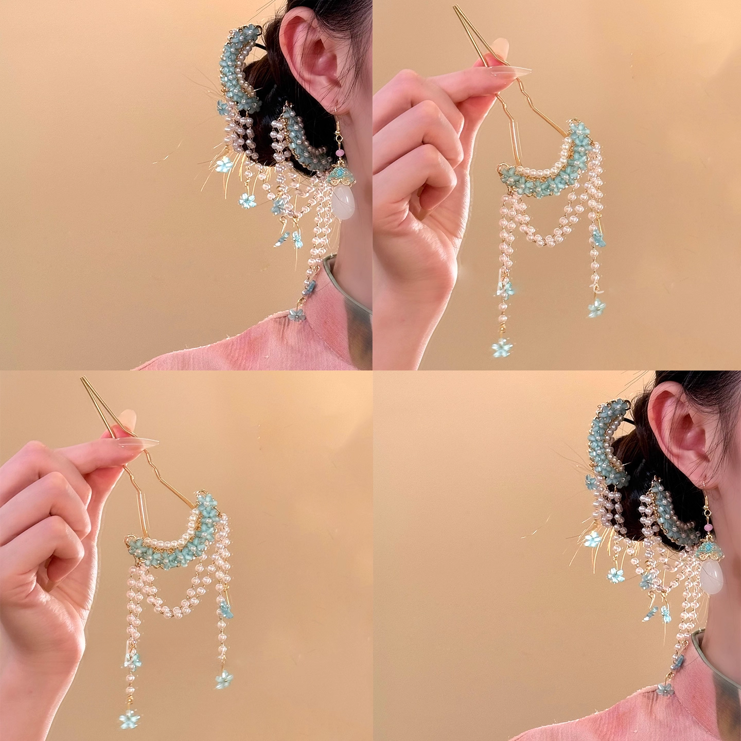 「蓝樱梦」中式蓝色珠串流苏发钗