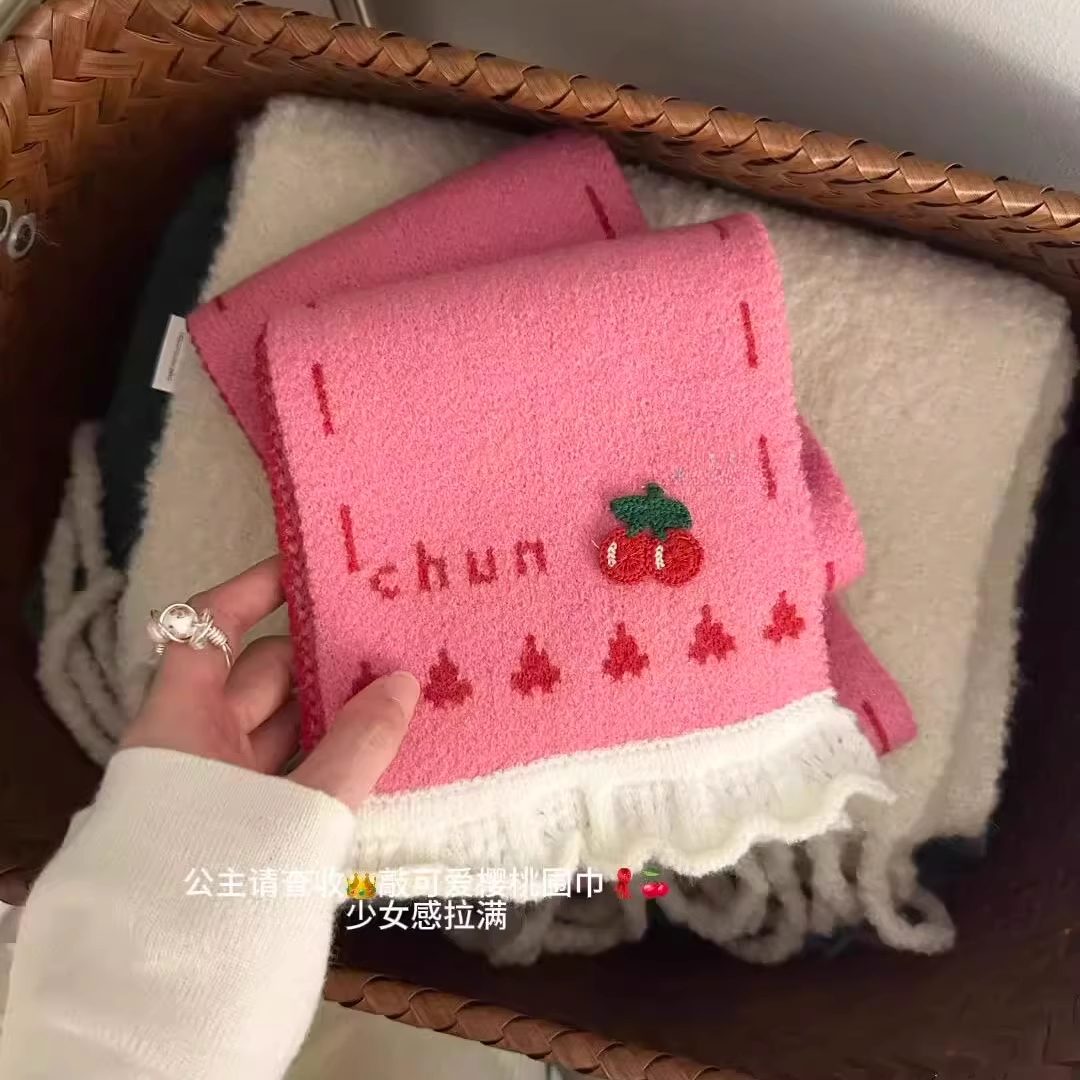 樱桃小围巾~少女感拉满立体提花针织围巾甜美花边拼接保暖围脖冬